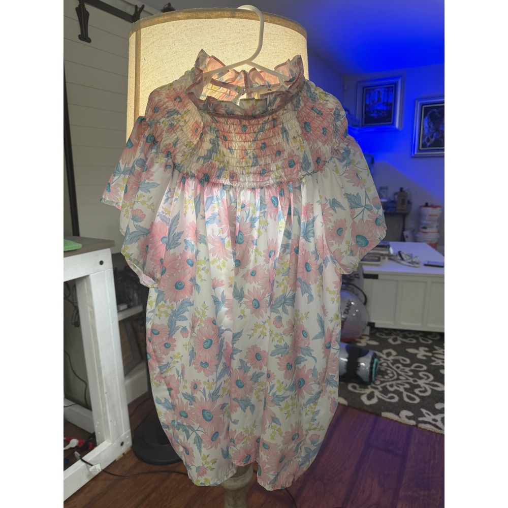 Entro Cottagecore Floral Top Large Pink Daisy Puff Sleeve Boho Blouse